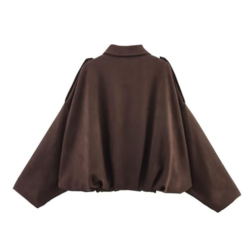 Xunger Women's Faux Suede Bomber Jacket Spring Lapel Pilot Coat Casual Oversized Long Sleeves Trendy Streetwear Outerwear(1026-Coffee-M-RD) - Image 2