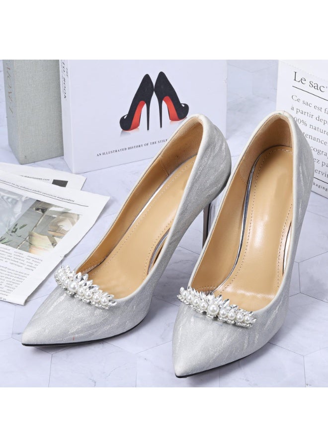 2 PCS Silver Pearl Rhinestone Shoe Clips, Elegant Crystal Decorative Shoe Jewelry Clips for Women Detachable Clip On Shoes Embellishments for Wedding Heels Flats Rhinestone Shoes Buckles - Image 5