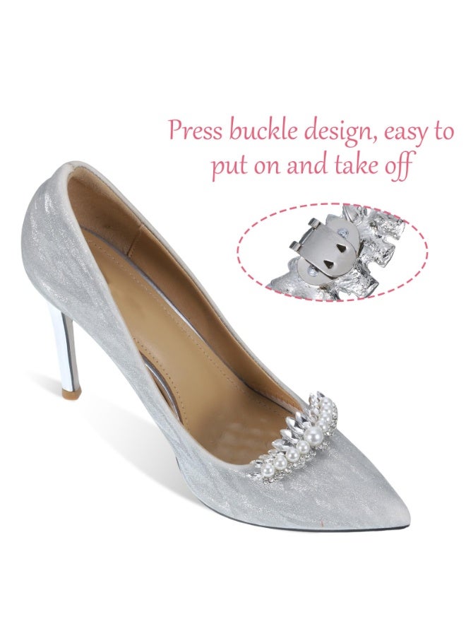 2 PCS Silver Pearl Rhinestone Shoe Clips, Elegant Crystal Decorative Shoe Jewelry Clips for Women Detachable Clip On Shoes Embellishments for Wedding Heels Flats Rhinestone Shoes Buckles - Image 2