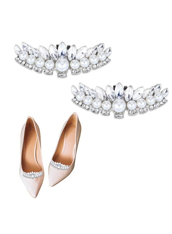 2 PCS Silver Pearl Rhinestone Shoe Clips, Elegant Crystal Decorative Shoe Jewelry Clips for Women Detachable Clip On Shoes Embellishments for Wedding Heels Flats Rhinestone Shoes Buckles - Image 1