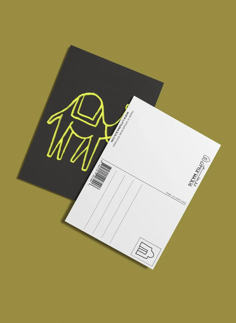 Little Majlis Postcard, camel yellow on grey