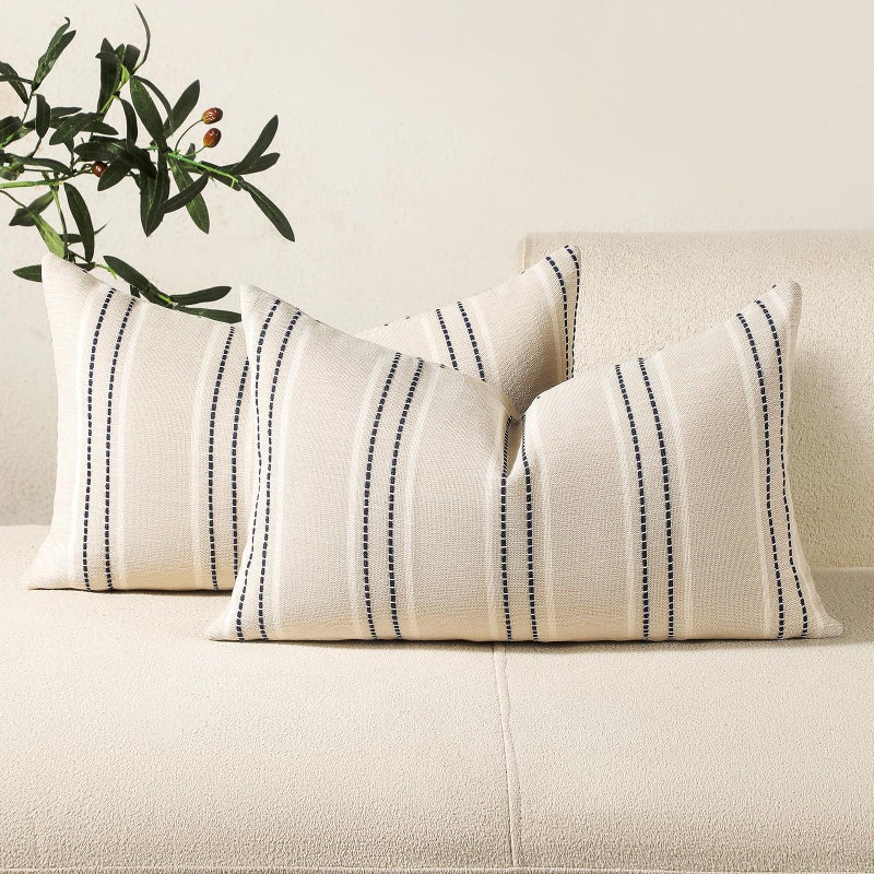 Hckot Throw Pillow Covers 12x20 Set of 2 Striped Pillow Covers Textured Linen Decorative Pillows Lumbar Cushion Covers for Sofa Couch Bed Living Room Farmhouse Decor, Navy - Image 1