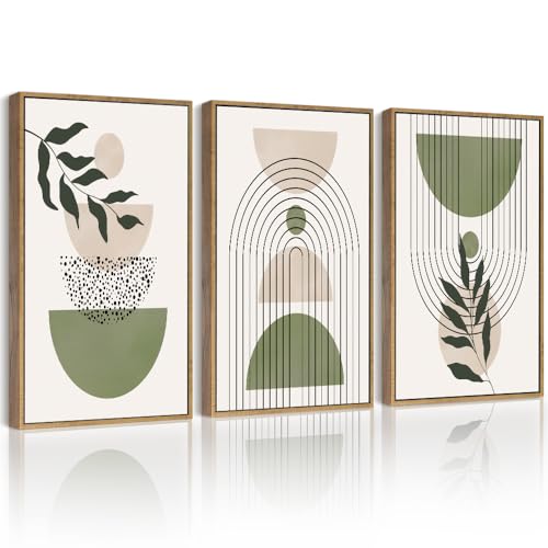 Drsoum Green Botanical Boho Wall Art Framed Modern Sage Bohemian Wall Decor Abstract Geometry Lines Prints Ready to Hang 11x14in Natural Framed