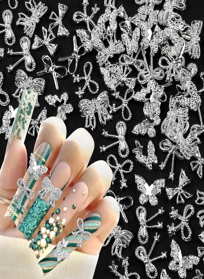 JALIYA 50pcs 3D Alloy Bow Nail Charms Butterfly Nail Art Charms Random Silver Nail Charms Cute Bow Charms for Nails Design Luxury Nail Rhinestones Metal Bowknot Butterfly Nail Jewels for Nail Art Supplies - Image 1
