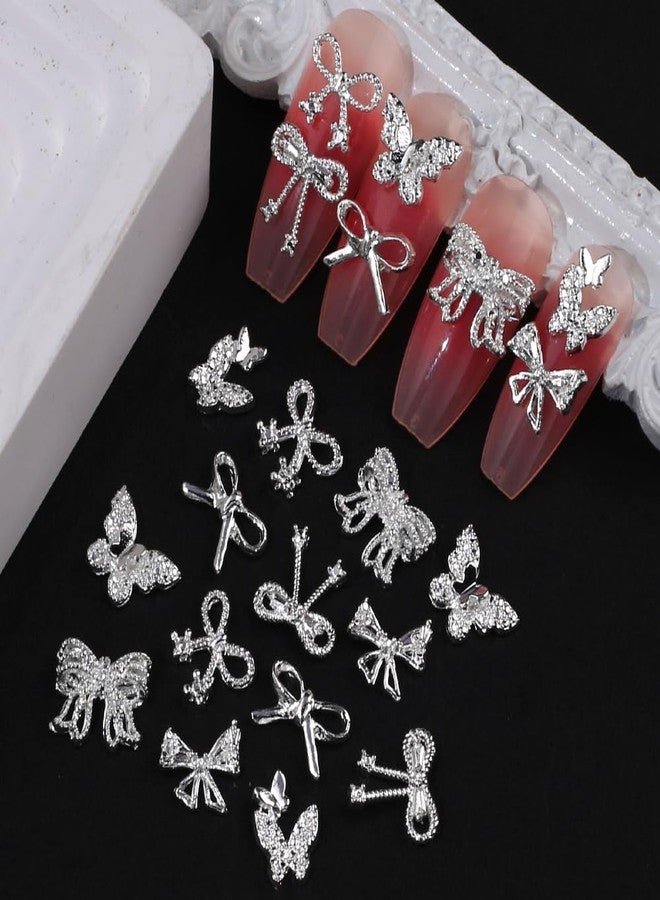 JALIYA 50pcs 3D Alloy Bow Nail Charms Butterfly Nail Art Charms Random Silver Nail Charms Cute Bow Charms for Nails Design Luxury Nail Rhinestones Metal Bowknot Butterfly Nail Jewels for Nail Art Supplies - Image 2