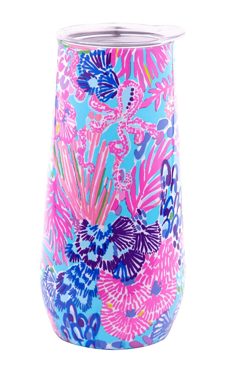 Lilly Pulitzer 10 Oz Stemless Champagne Flute, Small Stainless Steel Tumbler with Lid, Double Wall Insulated Metal Cup, Splendor in the Sand - Image 1