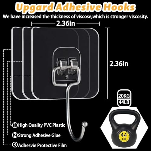 JIALTO 20 Pcs Self Adhesive Wall Hook for 13.2LB(Max) Heavy Duty Big Hooks Waterproof Adhesive Sticky Square Hooks Hanging Capacity 6 KG | Multipurpose Home Storage Hook - Big Hook - Image 2