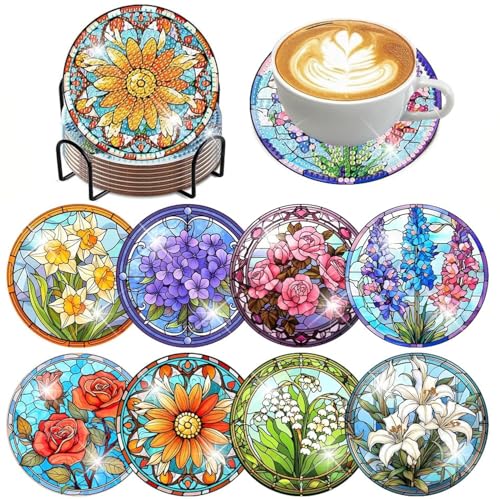 ijbnhd 8 PCS Flowers Diamond Art Coasters, Diamond Painting Coasters Kits with Holder Flowers DIY for Beginners, Adults, Diamond Art Crafts Supplies (Cork Wooden Pad) - Image 1