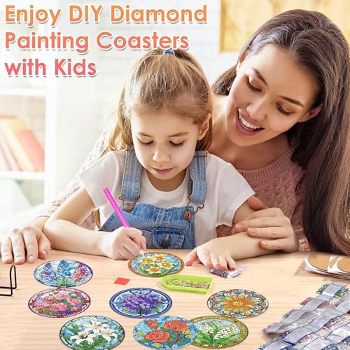 ijbnhd 8 PCS Flowers Diamond Art Coasters, Diamond Painting Coasters Kits with Holder Flowers DIY for Beginners, Adults, Diamond Art Crafts Supplies (Cork Wooden Pad) - Image 5