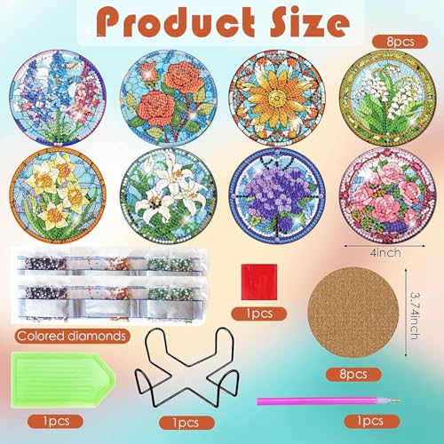 ijbnhd 8 PCS Flowers Diamond Art Coasters, Diamond Painting Coasters Kits with Holder Flowers DIY for Beginners, Adults, Diamond Art Crafts Supplies (Cork Wooden Pad) - Image 4