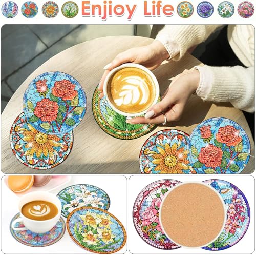 ijbnhd 8 PCS Flowers Diamond Art Coasters, Diamond Painting Coasters Kits with Holder Flowers DIY for Beginners, Adults, Diamond Art Crafts Supplies (Cork Wooden Pad) - Image 3