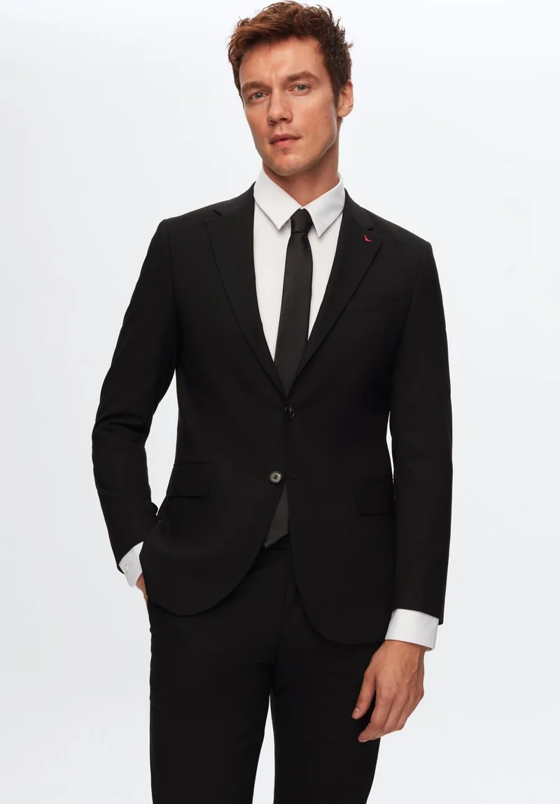 دي أس دامات Slim Fit Black Plain Mono Collar Double Slit Lined Suit 4HF05ORT01577