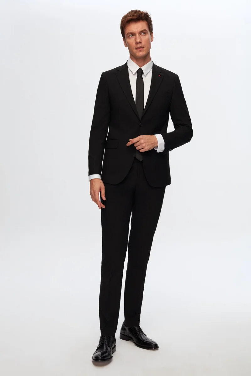 دي أس دامات Slim Fit Black Plain Mono Collar Double Slit Lined Suit 4HF05ORT01577