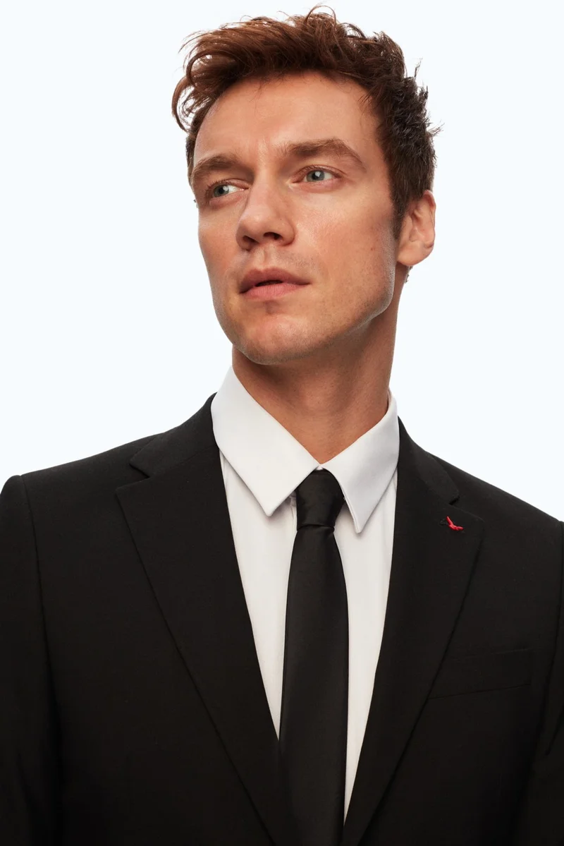 دي أس دامات Slim Fit Black Plain Mono Collar Double Slit Lined Suit 4HF05ORT01577
