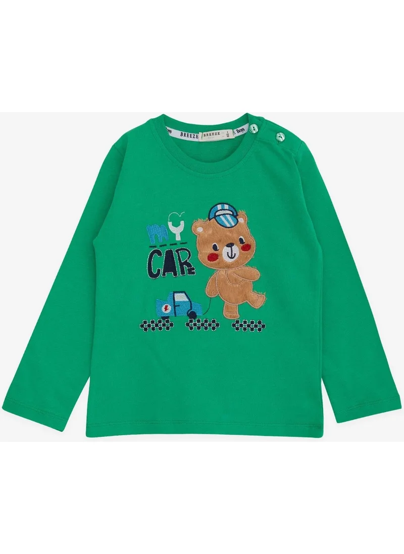 Breeze Baby Boy Long Sleeve T-Shirt with Teddy Bear Printed Text Embroidery 9 Months-3 Years, Green