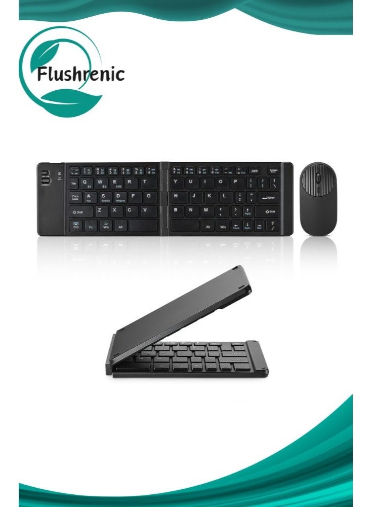 Flushrenic Folding keyboard and mouse set, 2.4G wireless+dual Bluetooth 5.0 folding keyboard and mouse combination, compatible with Android, HarmonyOS, Apple iOS and Windows systems, USB-C charging portable keyboard and mouse, suitable for iPad, phone and computer - black version - Image 1