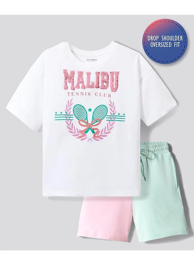Primo Gino Primo Gino Cotton Elastane Knit Drop Shoulder Half Sleeves Oversized T-Shirt and Shorts Set with Flip Sequin Detailing and Tennis Print - Multi Color