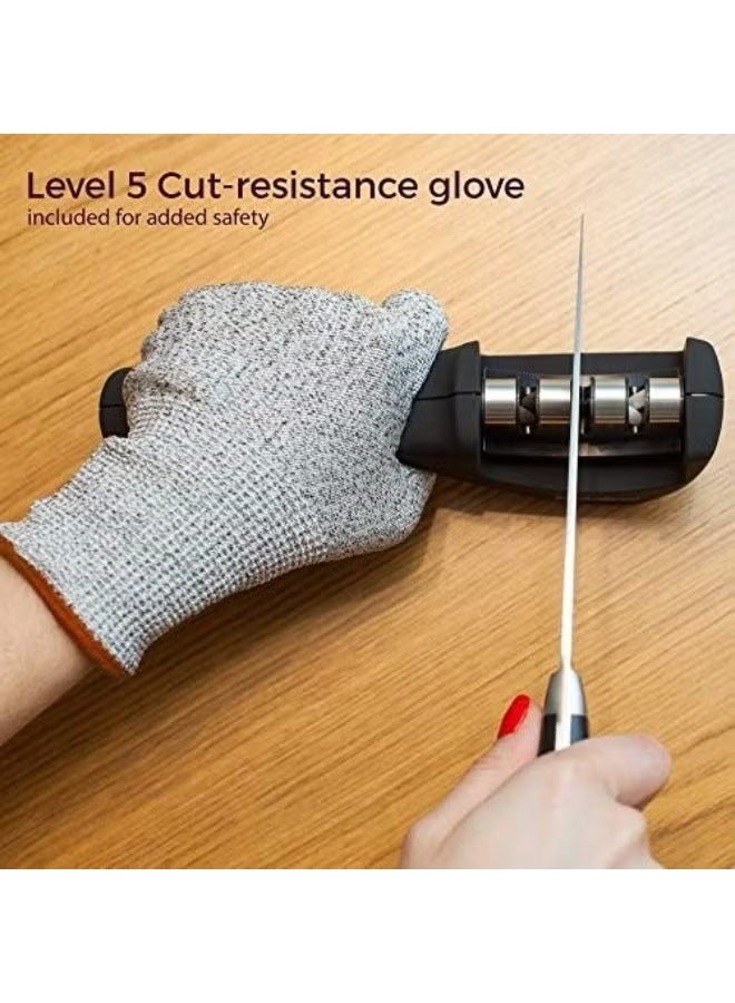 4-in-1 Kitchen Knife Accessories: 3-Stage Sharpener, Blade Restorer & Cut-Resistant Gloves (Black) - Image 2