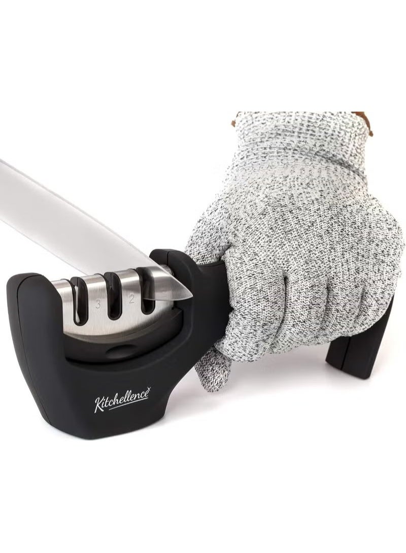 4-in-1 Kitchen Knife Accessories: 3-Stage Sharpener, Blade Restorer & Cut-Resistant Gloves (Black) - Image 1