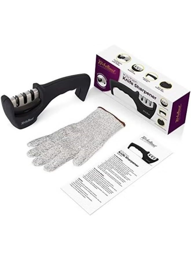 4-in-1 Kitchen Knife Accessories: 3-Stage Sharpener, Blade Restorer & Cut-Resistant Gloves (Black) - Image 4