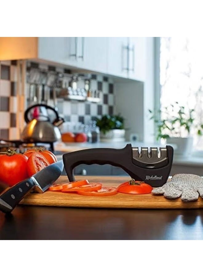 4-in-1 Kitchen Knife Accessories: 3-Stage Sharpener, Blade Restorer & Cut-Resistant Gloves (Black) - Image 3