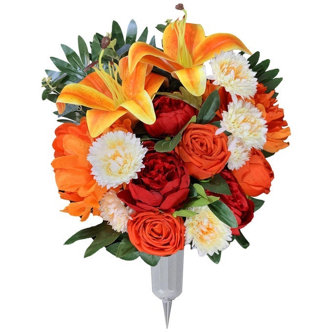 ARTIFICIAL CEMETERY FLOWER WITH VASE FOR HEADSTONE OUTDOOR GRAVE DECORATIONFLORISTARRANGED MEMORIAL BOUQUETORANGE ROSE AND WHITE MUM MIXEASY FIT