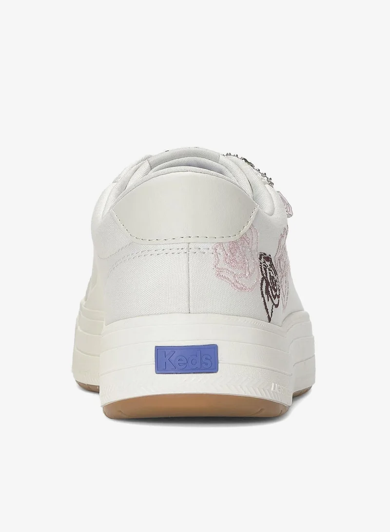 كيدز Keds Women's Park Lace Up Canvas Rose Embroidery/Charm Casual Sneaker White