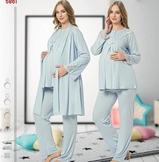 نهير 2020 Blue Maternity Pajamas Dressing Gown 3-Piece Set