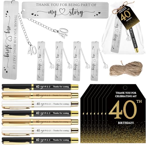Sinload 25 Sets Birthday Favors for Guests 25 Thanks for Coming Ballpoint Pens 25 Bookmarks 25 Cards with Organza Bag for Adult Birthday Anniversary Party Souvenir(Metal-40th) - Image 1