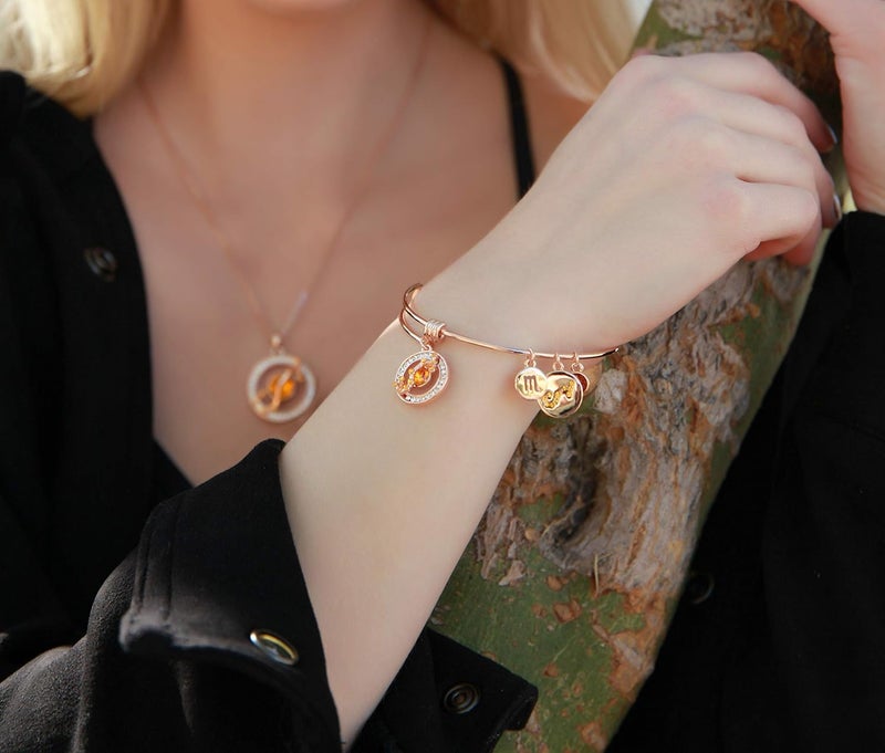 Leafael Superstar Zodiac Expandable Bangle Bracelet Made with Premium Crystals Horoscope Constellation October November Birthstone Topaz Brown Jewelry, Rose Gold Plated, 7" - Image 3
