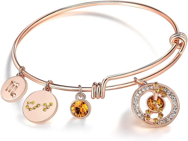 Leafael Superstar Zodiac Expandable Bangle Bracelet Made with Premium Crystals Horoscope Constellation October November Birthstone Topaz Brown Jewelry, Rose Gold Plated, 7" - Image 1