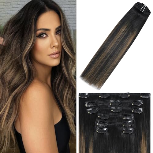 WindTouch Clip in Hair Extensions Human Hair Balayage Natural Black to Chestnut Brown Highlights for Black Hair 12Inch 75g 1BT6P1B 7PCS