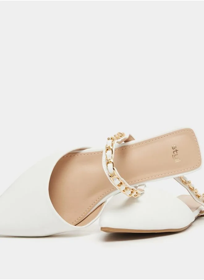 Styli Pointed Toe Slip On Mules with Chain Detail