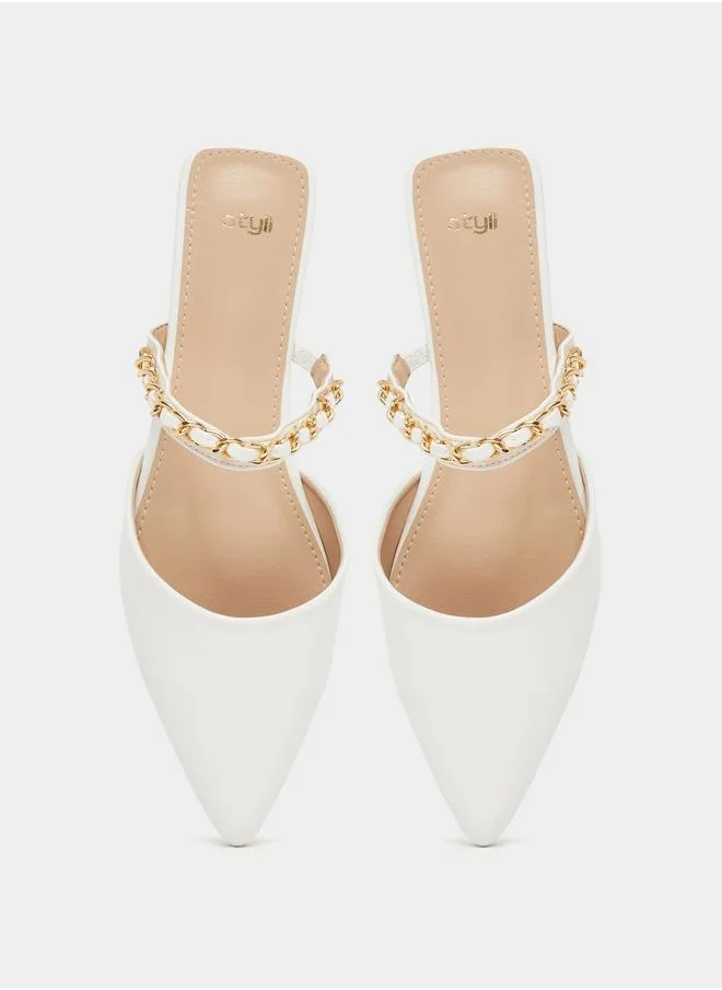 Styli Pointed Toe Slip On Mules with Chain Detail