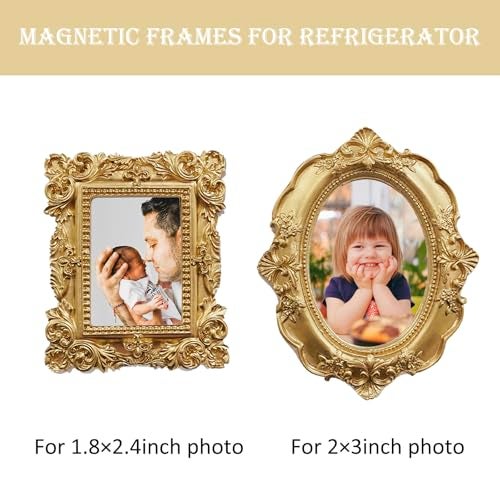 NSdawali 4 Pcs Magnetic Picture Frames for Refrigerator, Wall Hanging Mini Gold Frames Small Vintage Oval Rectangle Baroque Photo Frames for Photos Painting DIY Stuck on Fridge - Image 4
