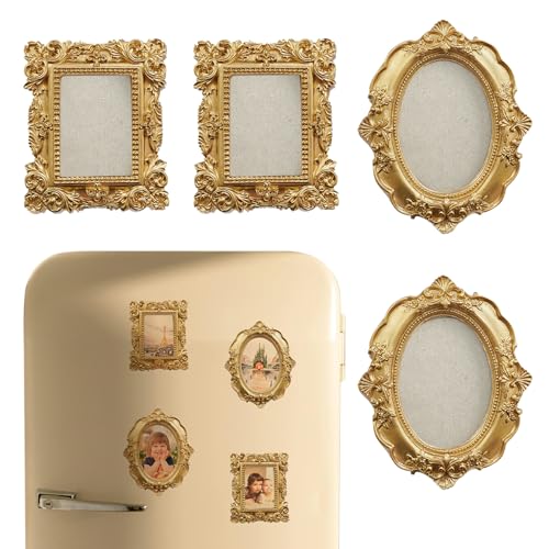 NSdawali 4 Pcs Magnetic Picture Frames for Refrigerator, Wall Hanging Mini Gold Frames Small Vintage Oval Rectangle Baroque Photo Frames for Photos Painting DIY Stuck on Fridge - Image 1