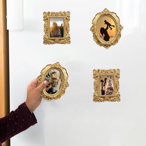 NSdawali 4 Pcs Magnetic Picture Frames for Refrigerator, Wall Hanging Mini Gold Frames Small Vintage Oval Rectangle Baroque Photo Frames for Photos Painting DIY Stuck on Fridge - Image 5