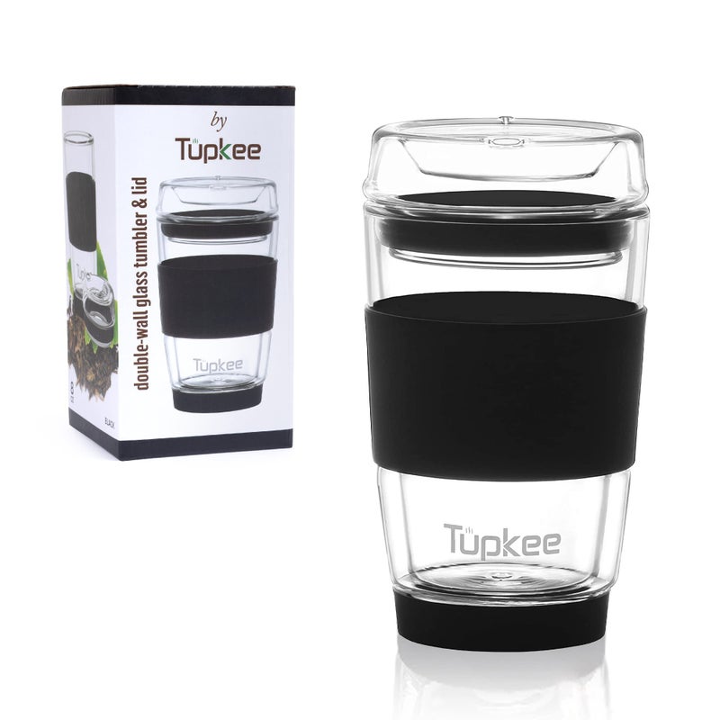 Tupkee Double Wall Glass Tumbler - 8-Ounce  All Glass Reusable Insulated Tea/Coffee Mug & Lid  Hand Blown Glass Travel Mug - Black