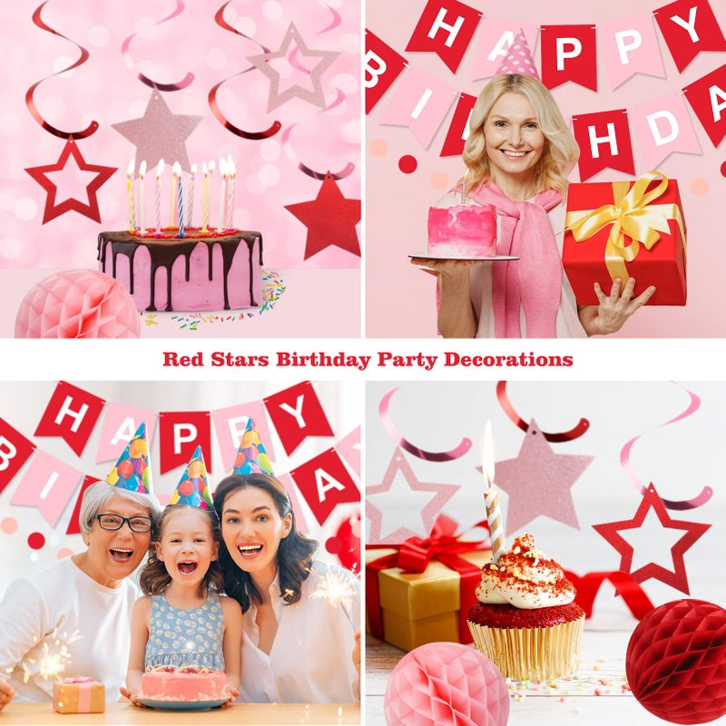 meowtastic Birthday Decorations, Happy Birthday Banner with Honeycomb Balls, Stars Hanging Swirl Streamers, Circle Dots Garland, Happy Birthday Party Decorations for Women Men Boys Girls (Red) - Image 4