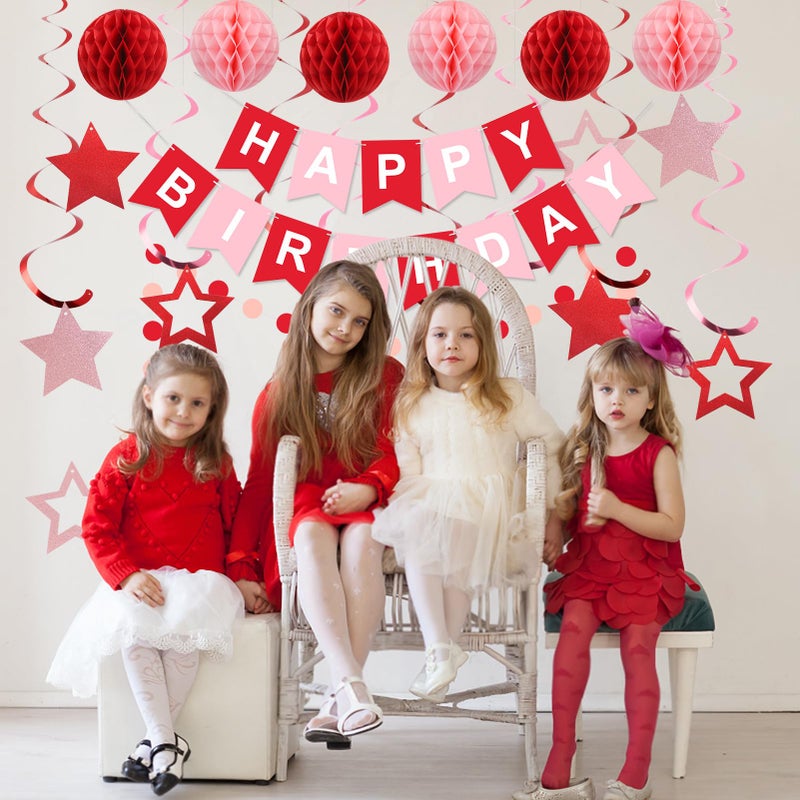 meowtastic Birthday Decorations, Happy Birthday Banner with Honeycomb Balls, Stars Hanging Swirl Streamers, Circle Dots Garland, Happy Birthday Party Decorations for Women Men Boys Girls (Red) - Image 3