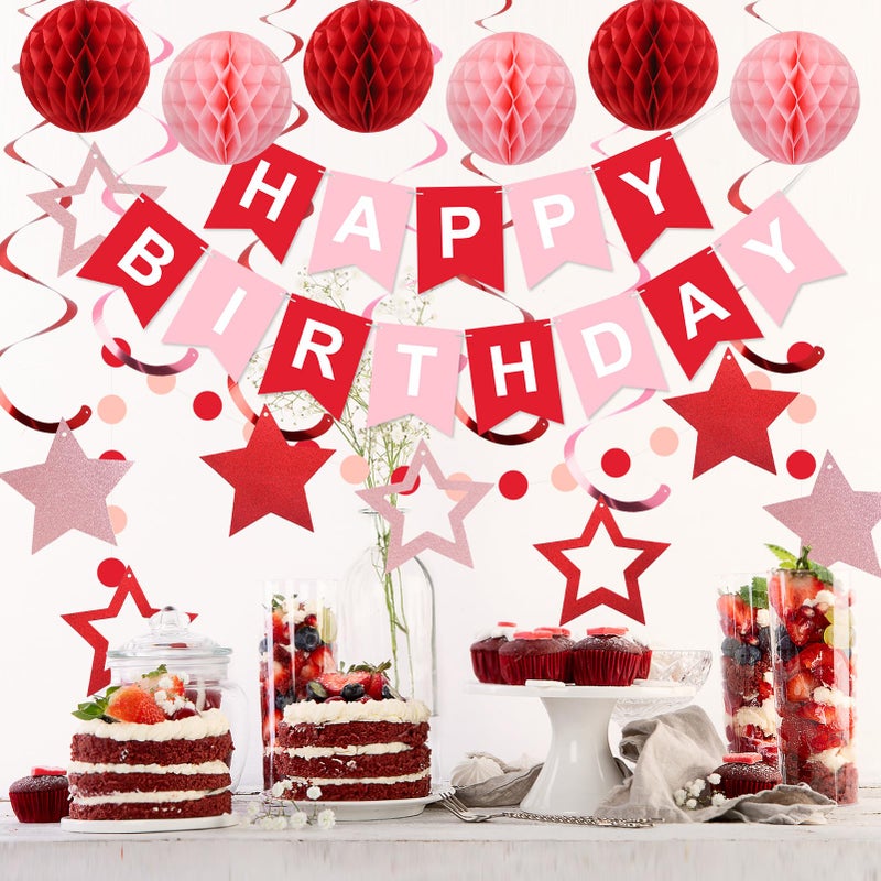 meowtastic Birthday Decorations, Happy Birthday Banner with Honeycomb Balls, Stars Hanging Swirl Streamers, Circle Dots Garland, Happy Birthday Party Decorations for Women Men Boys Girls (Red) - Image 2
