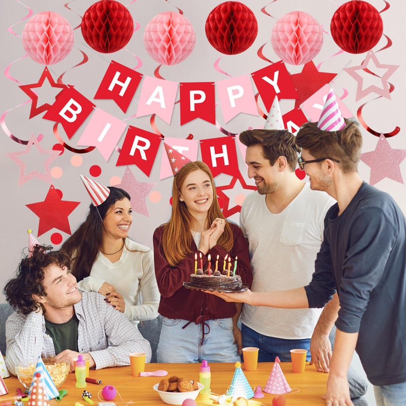 meowtastic Birthday Decorations, Happy Birthday Banner with Honeycomb Balls, Stars Hanging Swirl Streamers, Circle Dots Garland, Happy Birthday Party Decorations for Women Men Boys Girls (Red) - Image 5