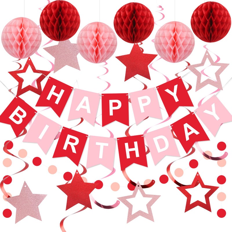 meowtastic Birthday Decorations, Happy Birthday Banner with Honeycomb Balls, Stars Hanging Swirl Streamers, Circle Dots Garland, Happy Birthday Party Decorations for Women Men Boys Girls (Red) - Image 1