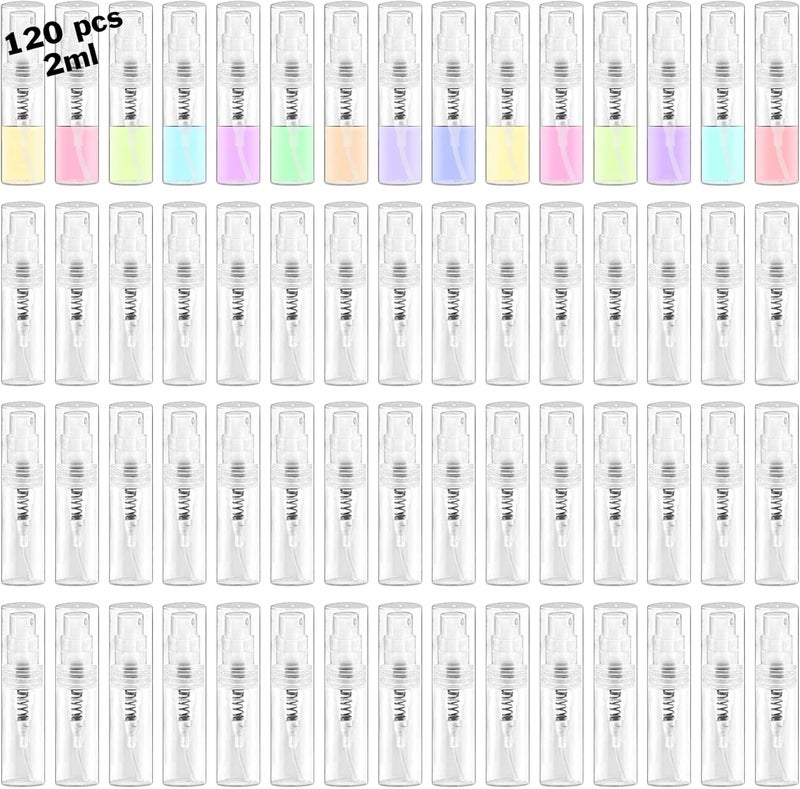 Mini Spray Bottle, Clear Plastic Empty Sample Containers, Fine Mist Perfume Travel Refillable Spray Bottle Perfume Atomizer Small Portable Bottle for Cleaning, Travel, Essential Oils(120, 2ml)