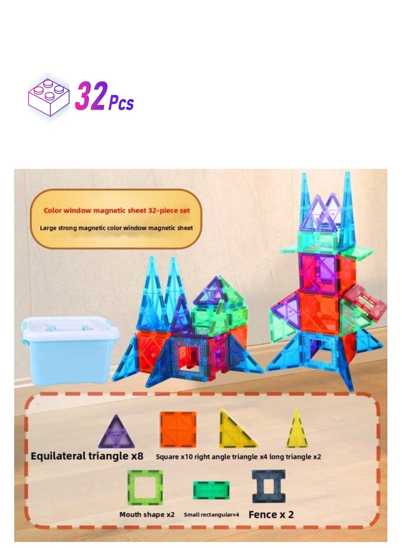 Colorful Window Track Magnetic Building Blocks Early Education Pipe Toys Children's Suit Assembly Magnetism Educational Toy-Color:High Quality 32-piece Color Box - Image 1