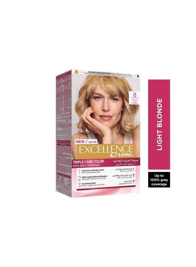 لوريال باريس إكسيلنس كريم للعناية الثلاثية، لون 8 أشقر كلير (قد يختلف التغليف، تغليف عربي/إنجليزي) - Image 1