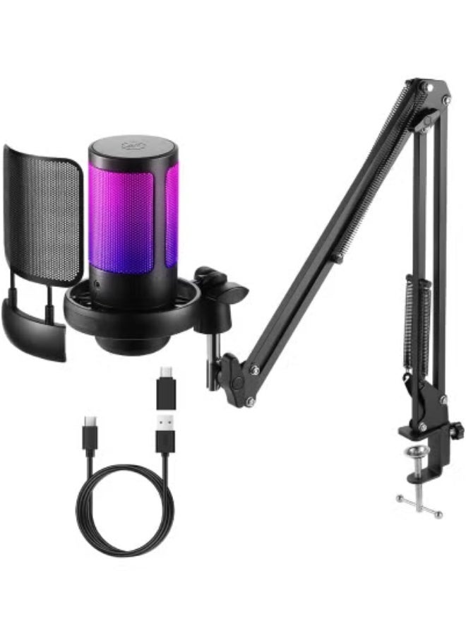 USB PC Gaming Microphone with RGB Light – High-Quality Condenser Mic with One-Touch Mute, Volume Control & 3.5mm Headphone Jack – USB Plug & Play for Windows, Mac OS, Laptop & Smartphones – Ideal for Streaming, Podcasting, Video Calls & Online Gaming Setup