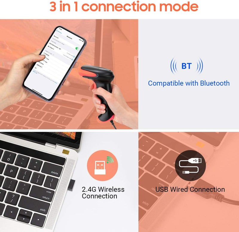Tera Pro Wireless 2D QR Barcode Scanner 3 in 1 Bluetooth & 2.4GHz Wireless & USB Wired Connection Connect Smart Phone Tablet PC Image Bar Code Reader with Vibration Alert Model HW0002-O - Image 2