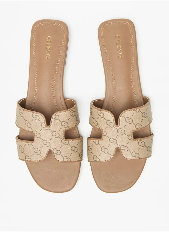 سيليست Womens Monogram Print Slip-On Sandals
