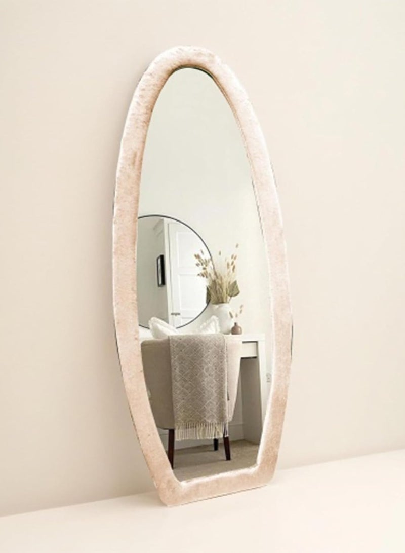 Vparty Full Length Mirror, 63" x 24" Wall Mirror with Flannel-Wrapped Wooden Frame, Wavy Full Body Mirror, Hanging or Leaning Against Wall, Stylish Mirror for Bedroom, Living Room, Modern Home Decor,  Elegant Wall Mirror, for Hallway, Entryway, Dressing Room (160 X 60 CM, Beige)  - Image 5